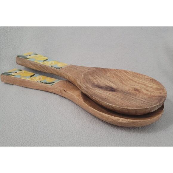 Set 2 Lemon Print Wood Fork Spoon Salad SERVING Utensils Teal Blue Yellow - Picture 5 of 7